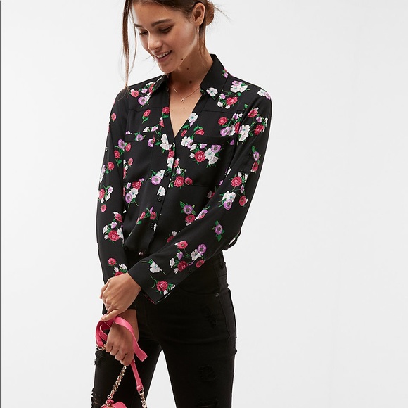 Express Tops - Express Black Boho Floral Button Down Shirt